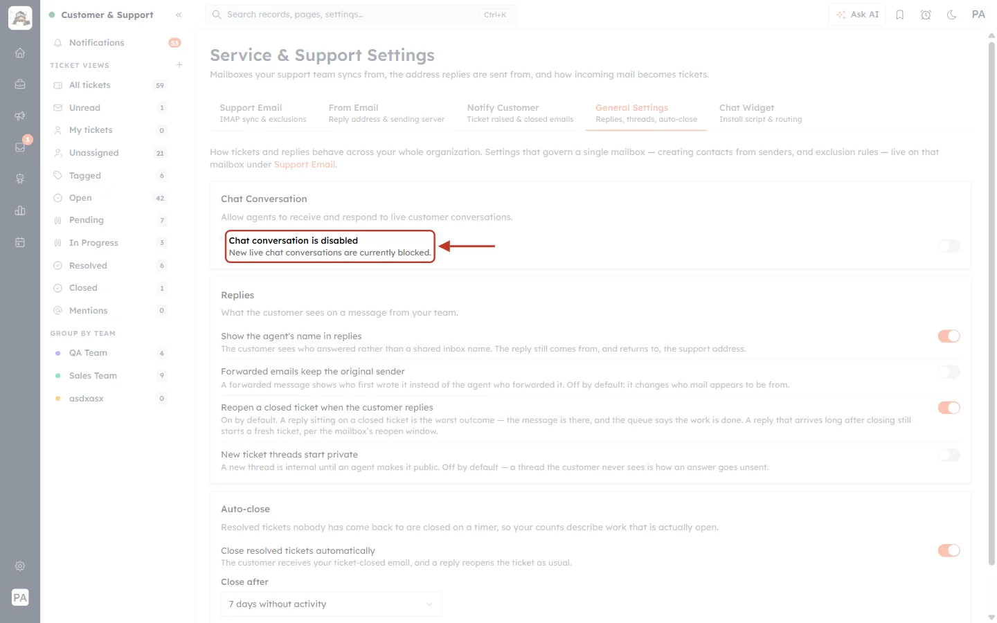 Chat conversation is disabled: new live chats are blocked
