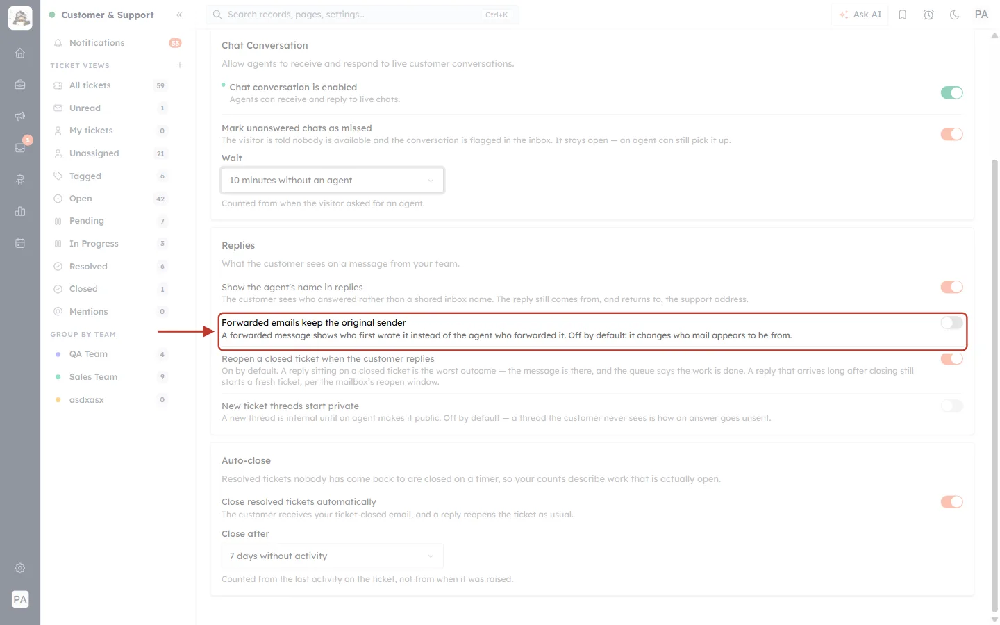 Forwarded emails keep the original sender switch