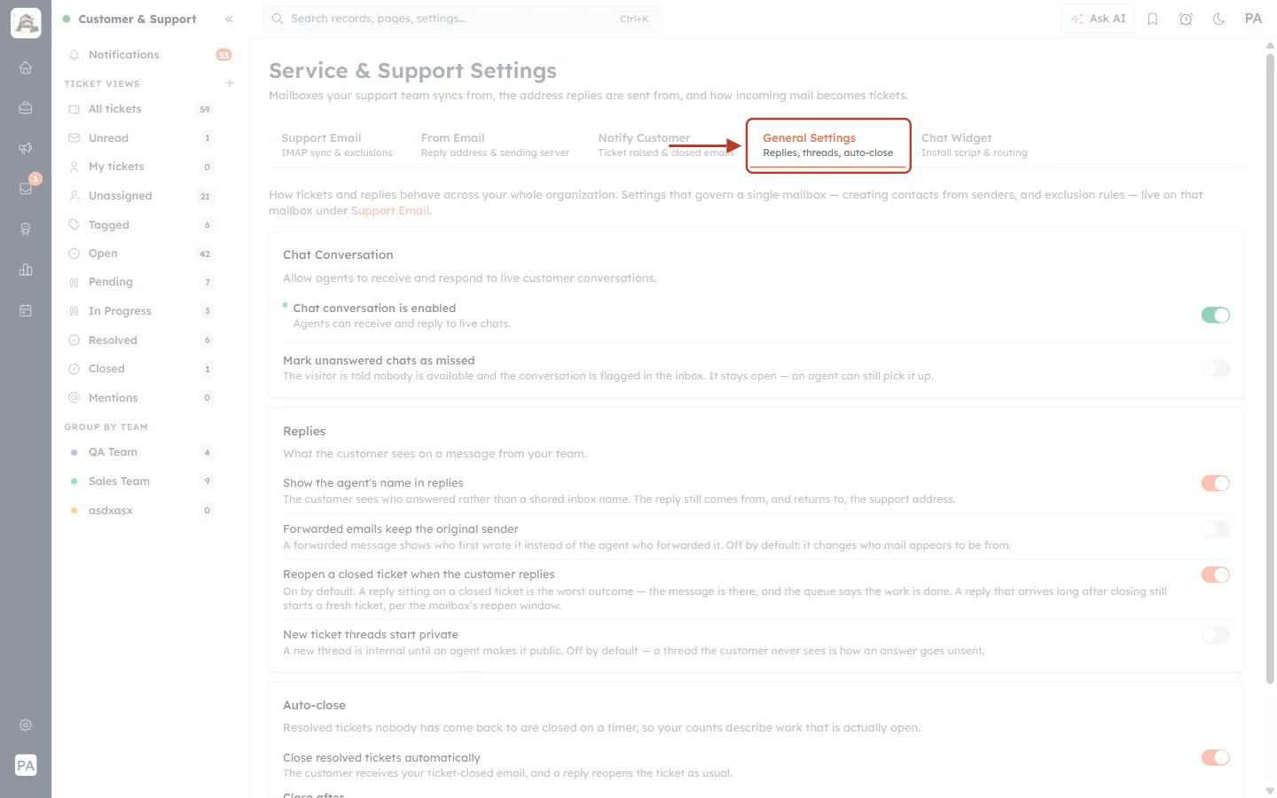 The General Settings tab in Service & Support Settings