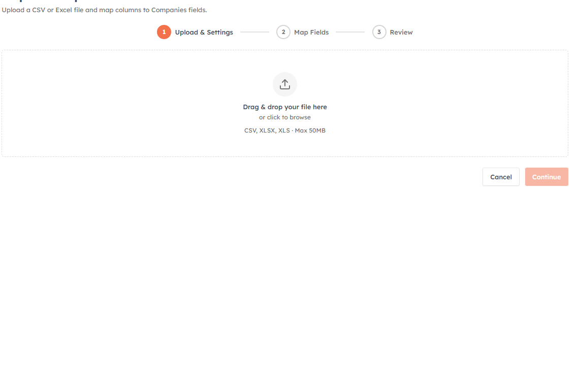 The import wizard on the Companies module — it works the same for any module