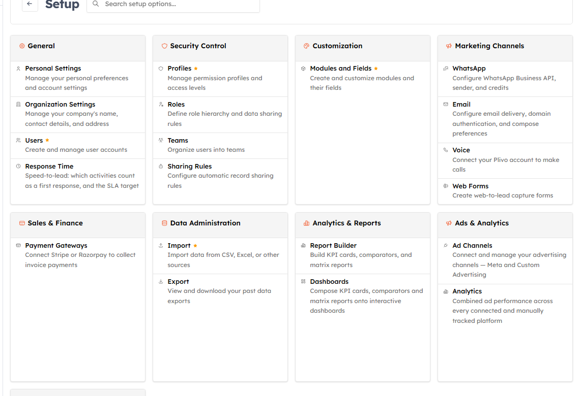 The Setup hub with every configuration area grouped by section