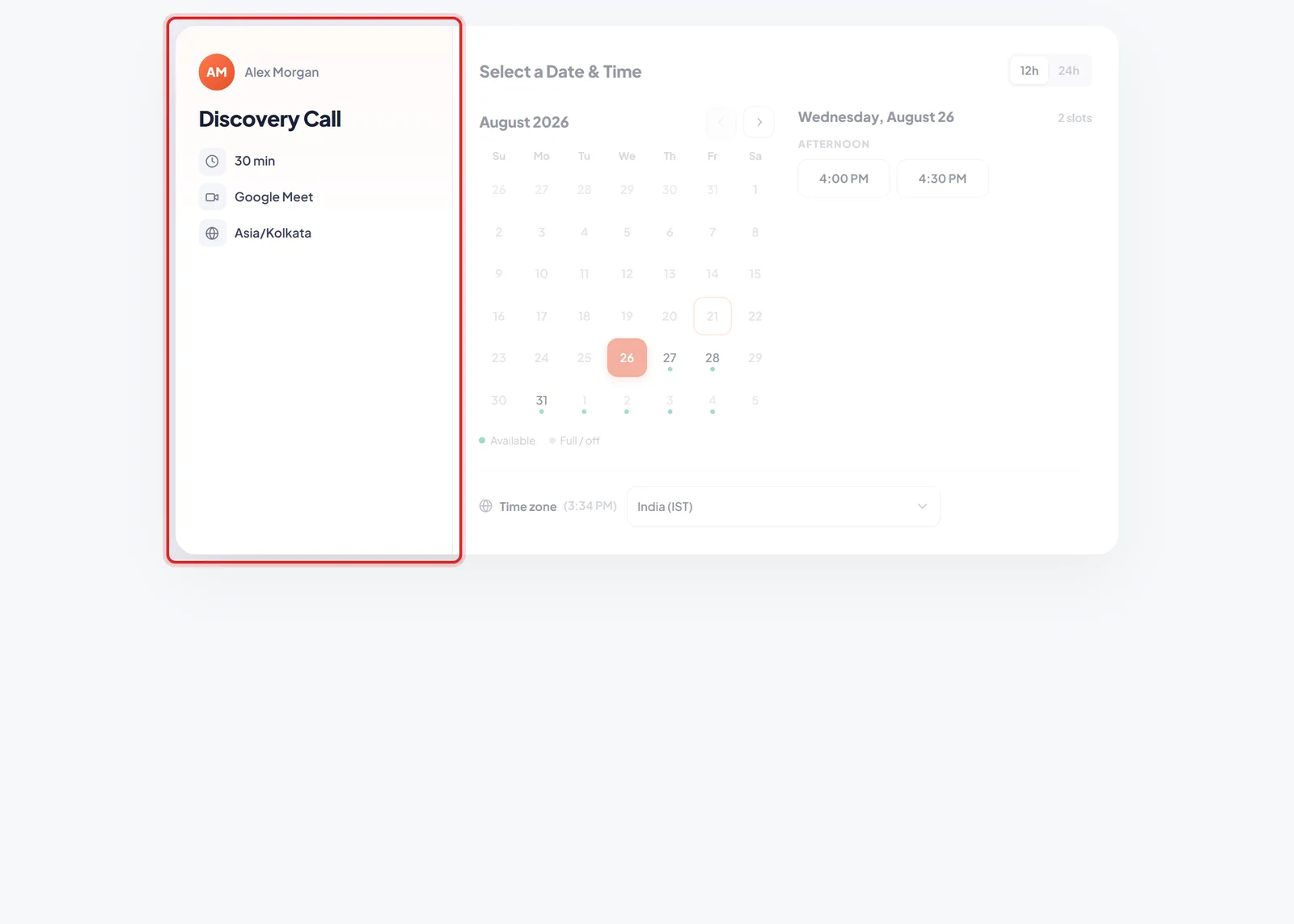 A booking page with the event details rail highlighted — host, event name, duration, location and timezone