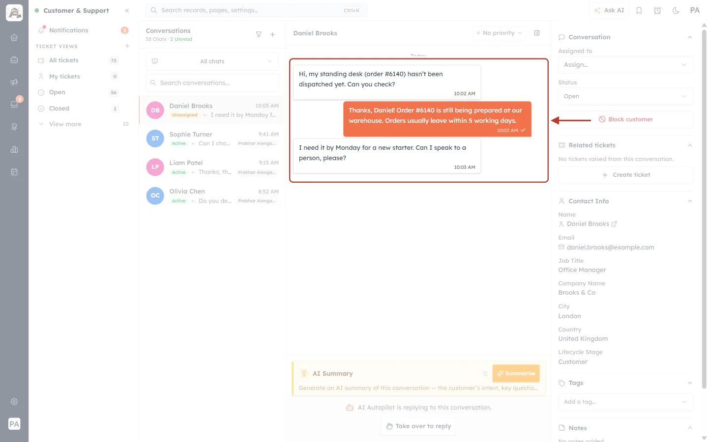 A chat answered by the AI agent