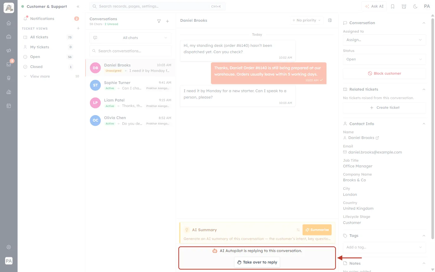 AI Autopilot is replying, with Take over to reply