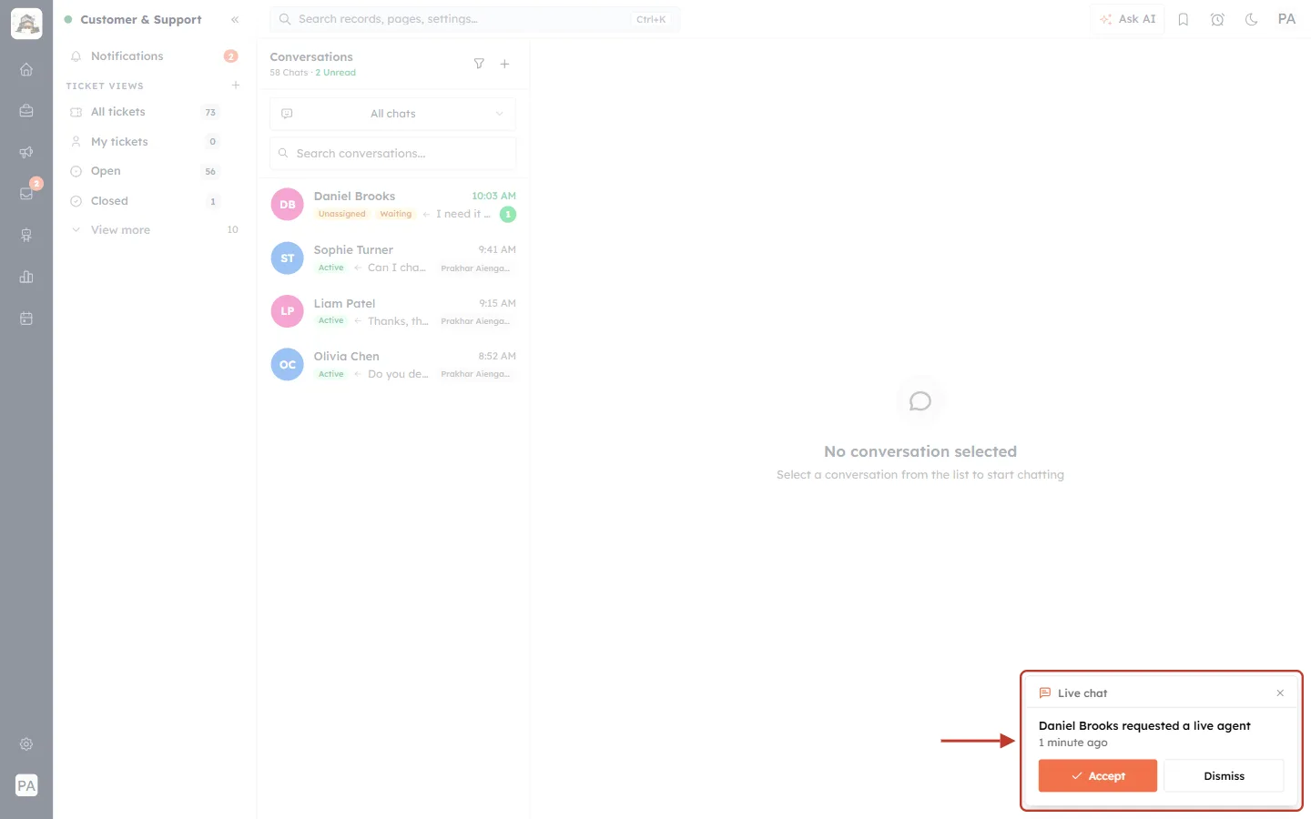 The Live chat request card