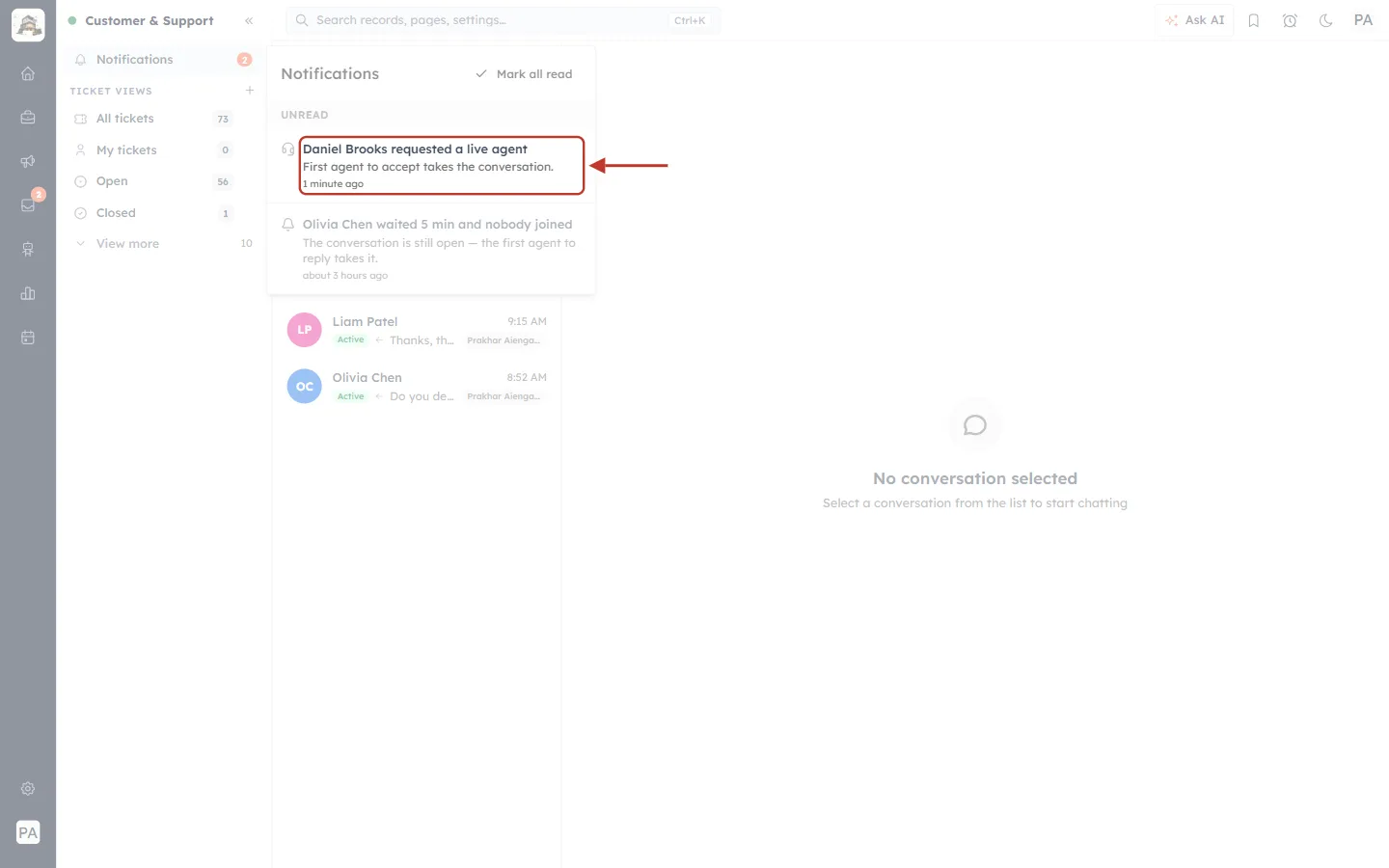 The live agent request in Notifications
