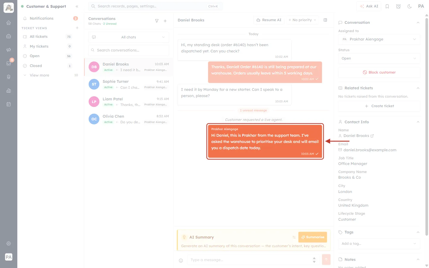 The agent’s reply in the chat