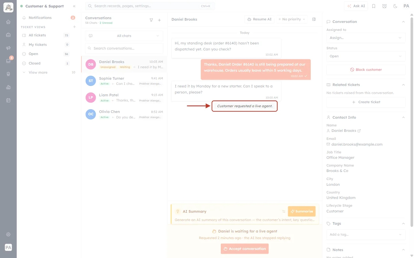 Customer requested a live agent line in the chat
