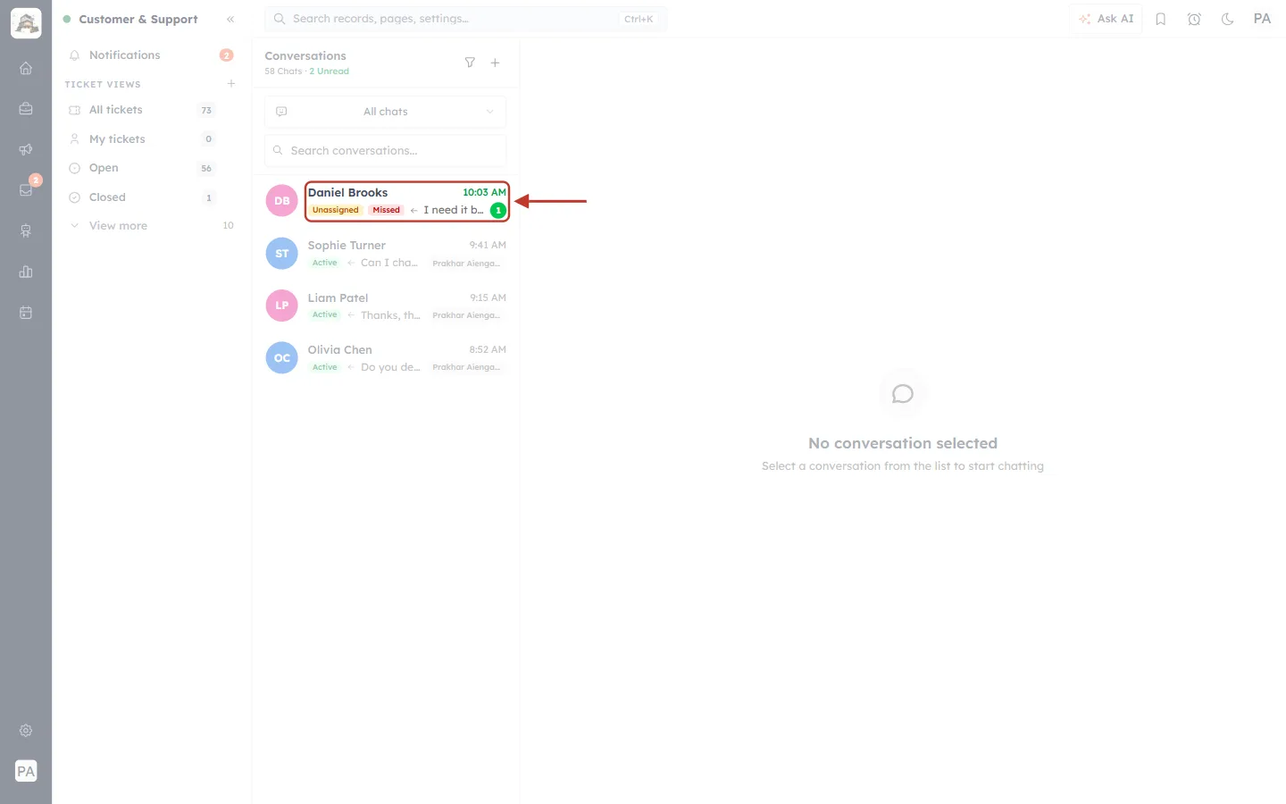 A missed request in the Conversations list