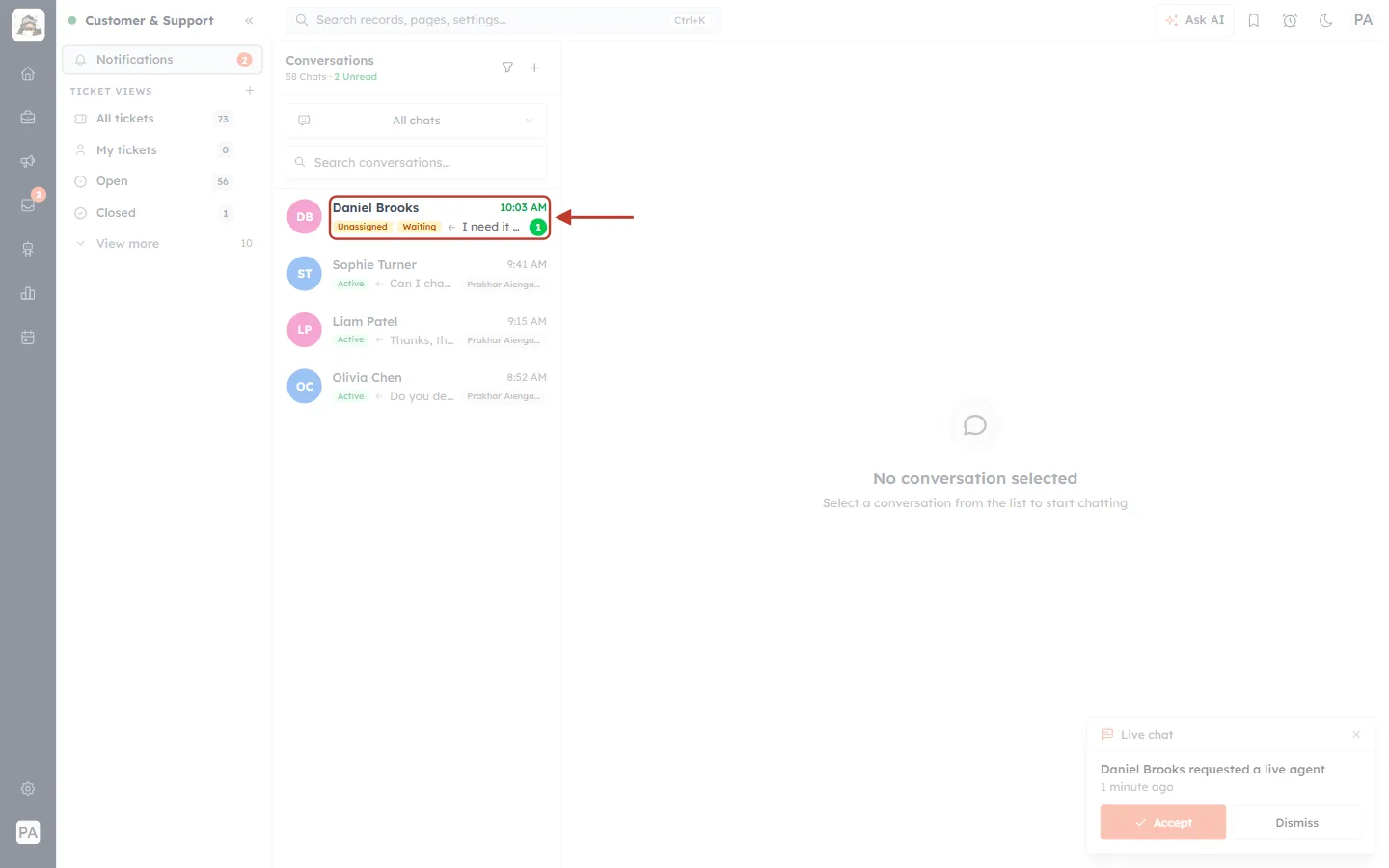 A waiting chat in the Conversations list