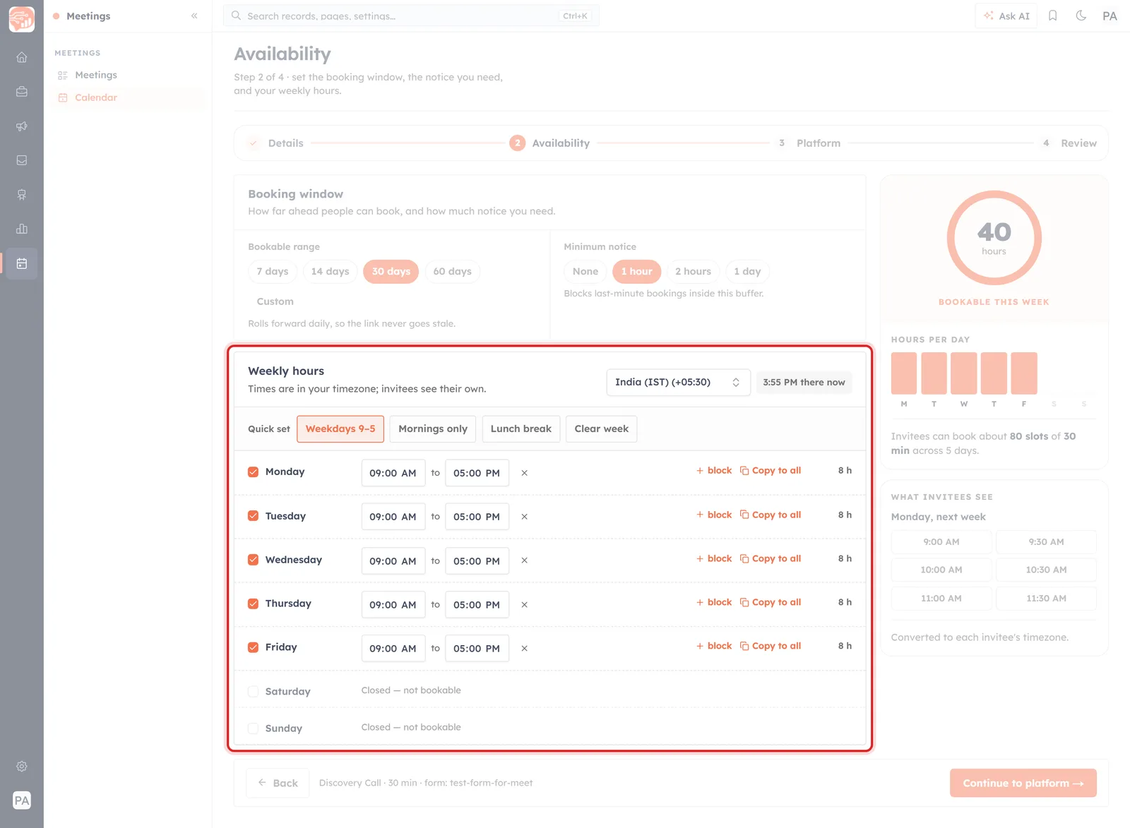 The Availability step with the Weekly hours block highlighted