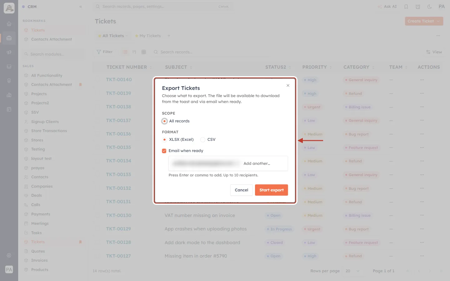 The Export Tickets window