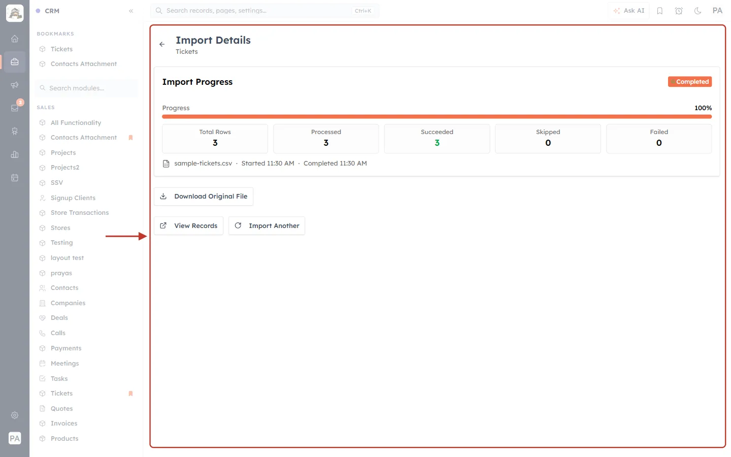Import Details with the results