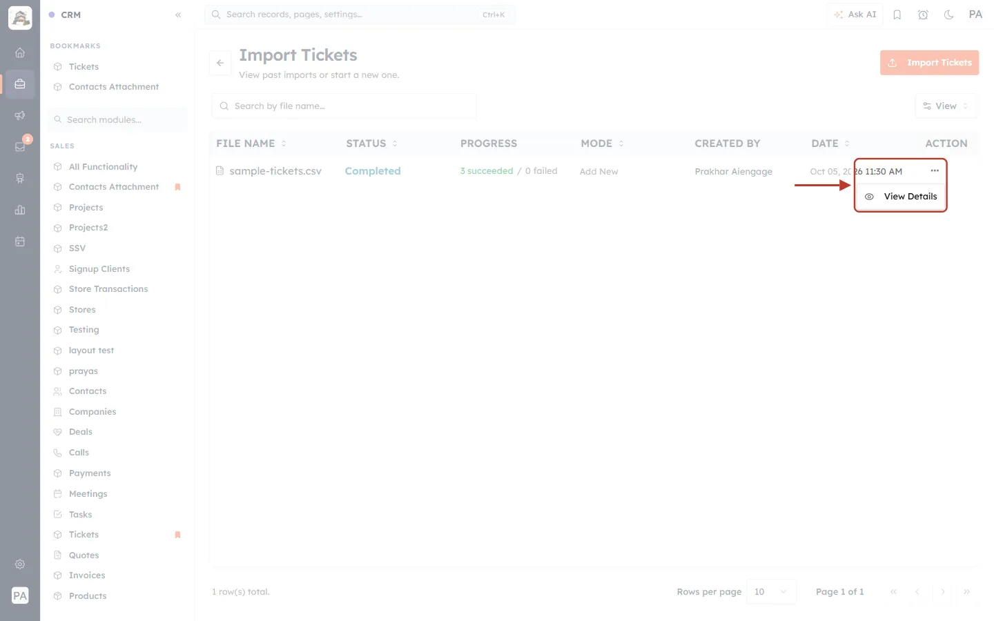 The action menu of an import