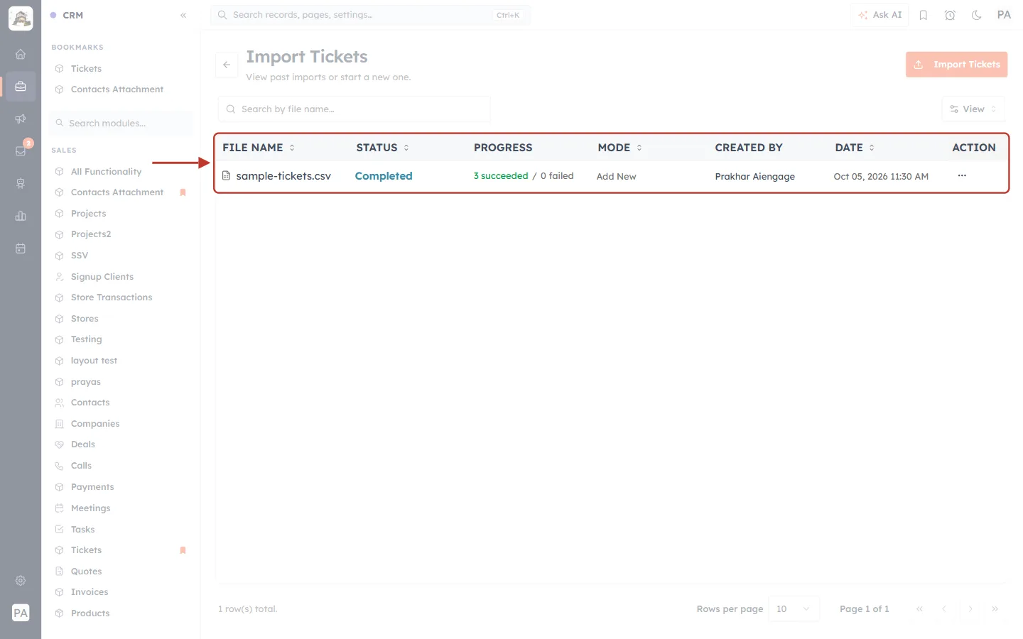 The list of past ticket imports