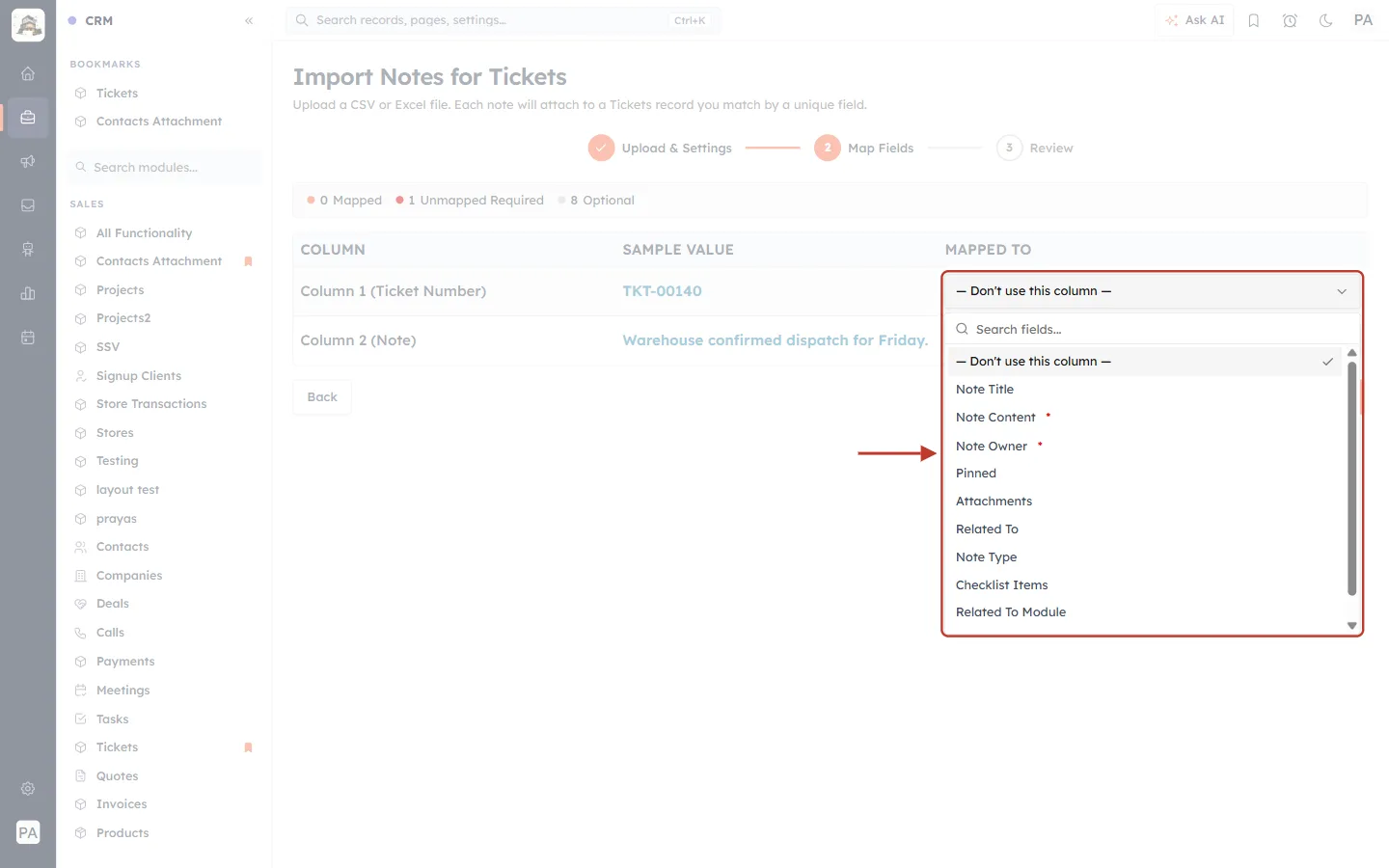 Note fields you can map to
