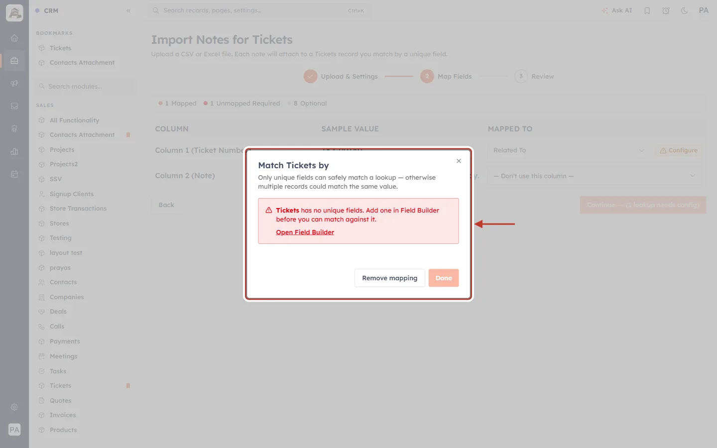 Match Tickets by — no unique fields