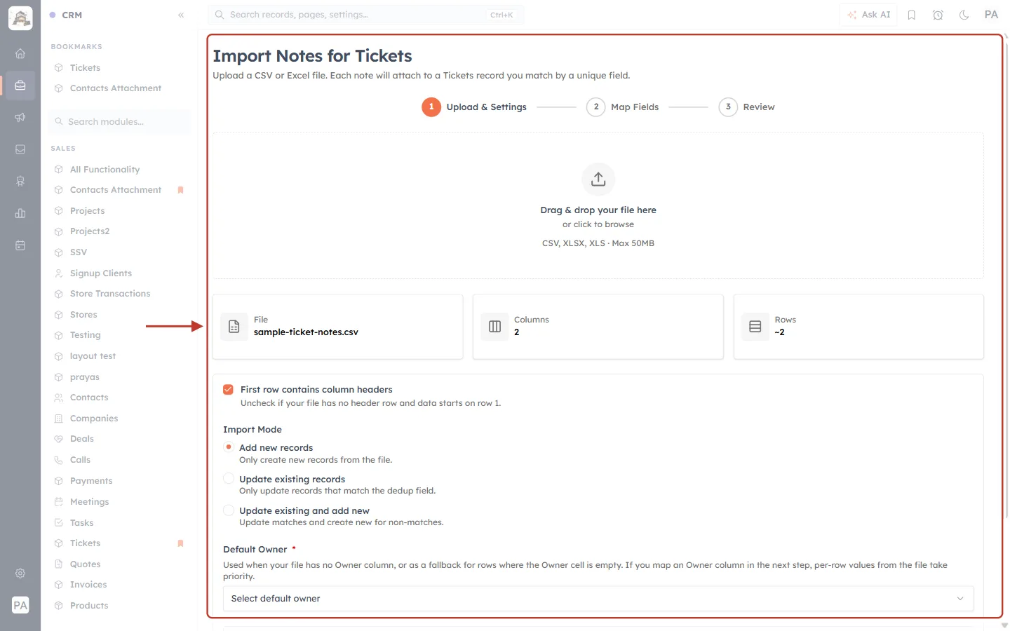 Settings for a notes import