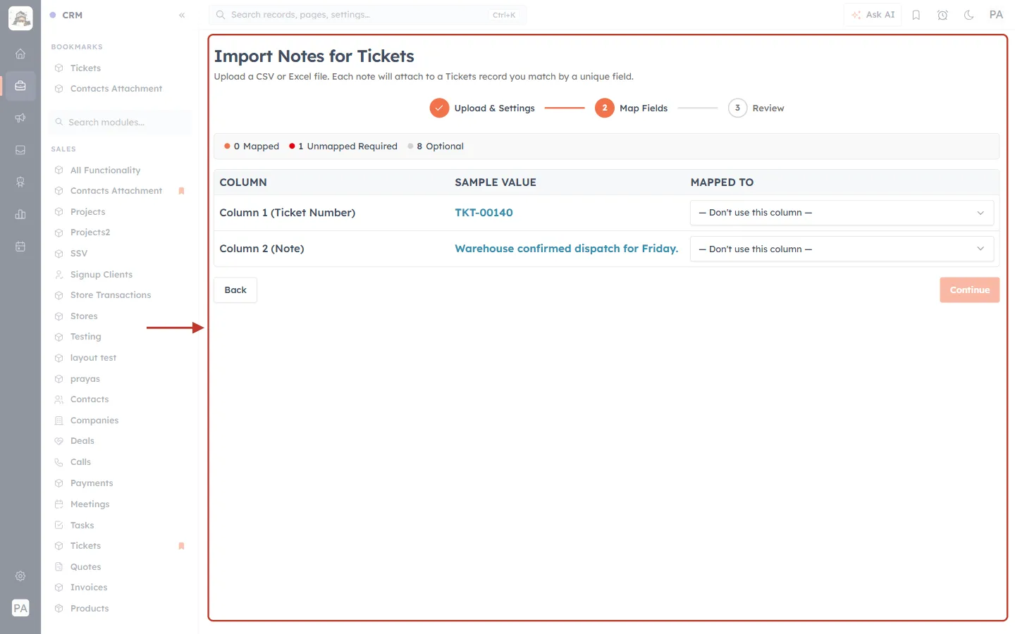 Import Notes for Tickets — Map Fields