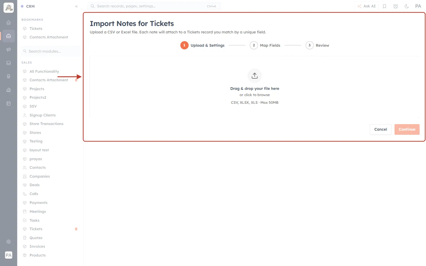 The Import Notes for Tickets page