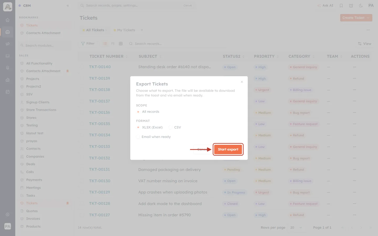 The Start export button