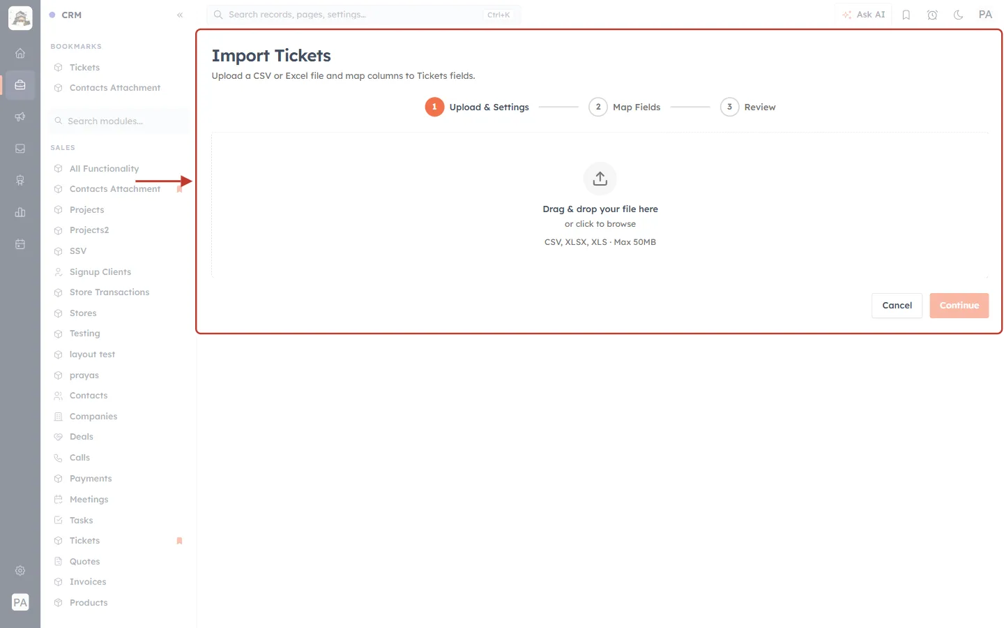 The Import Tickets page
