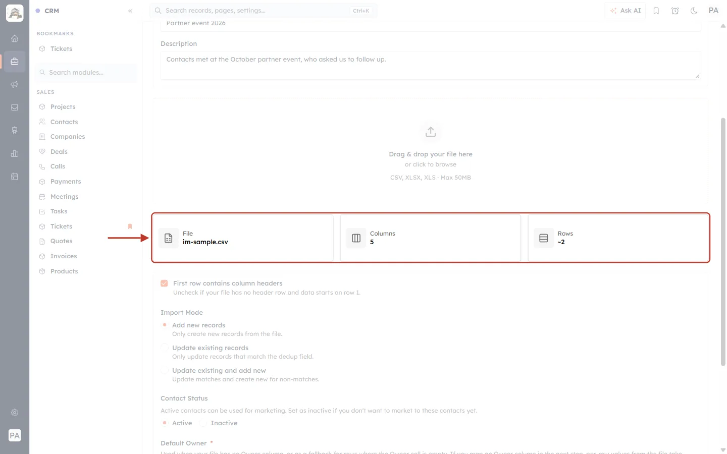 The uploaded file: 5 columns, about 2 rows