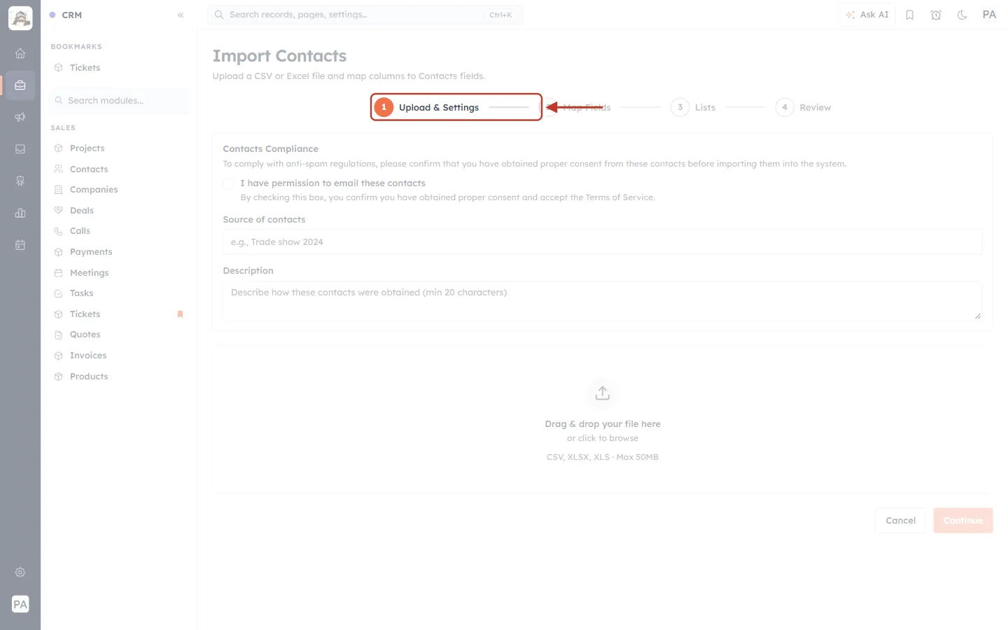 The four steps of the import wizard