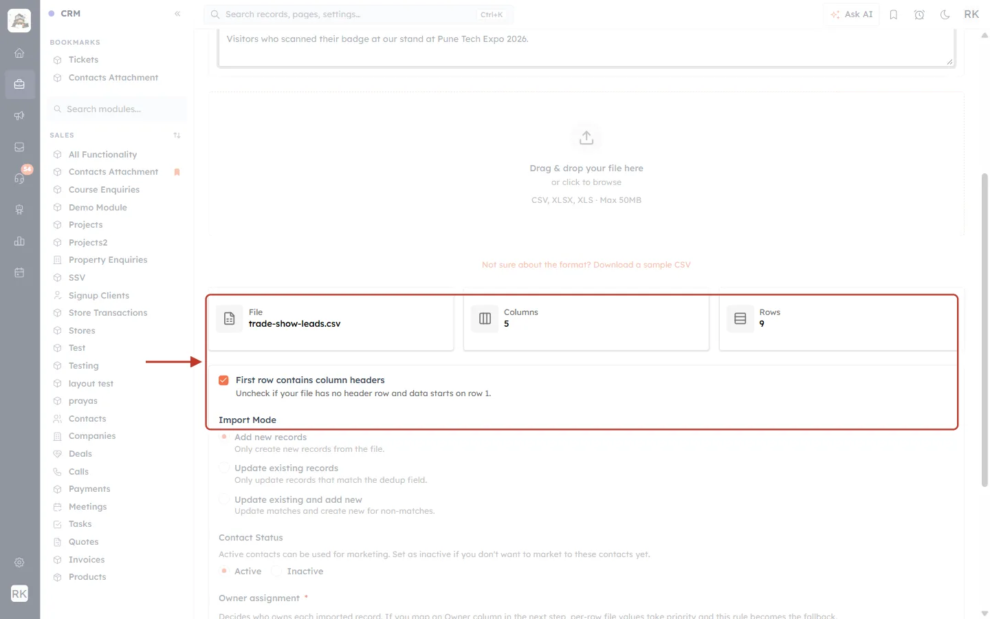 Uploaded file summary: name, columns and rows