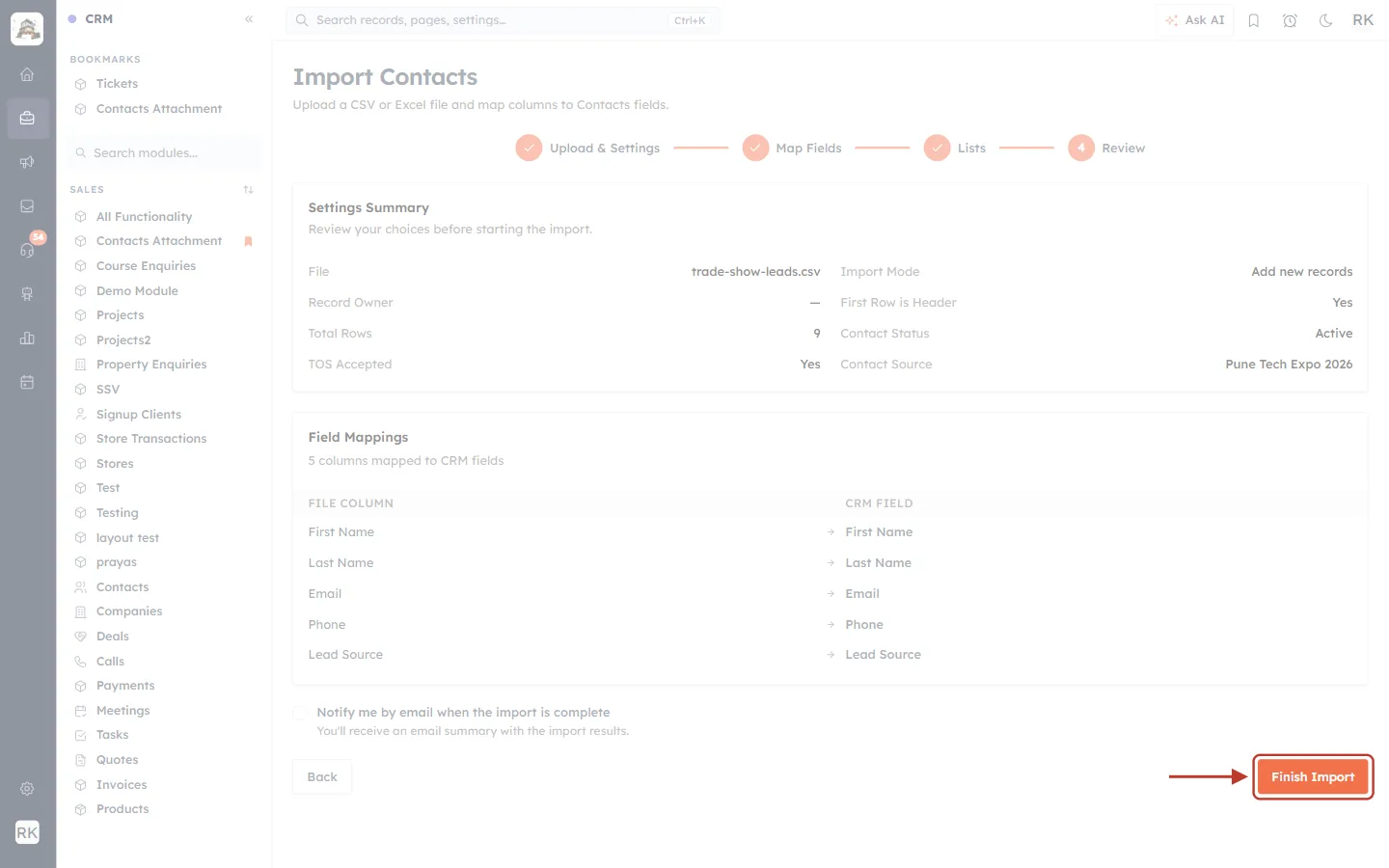 Finish Import button
