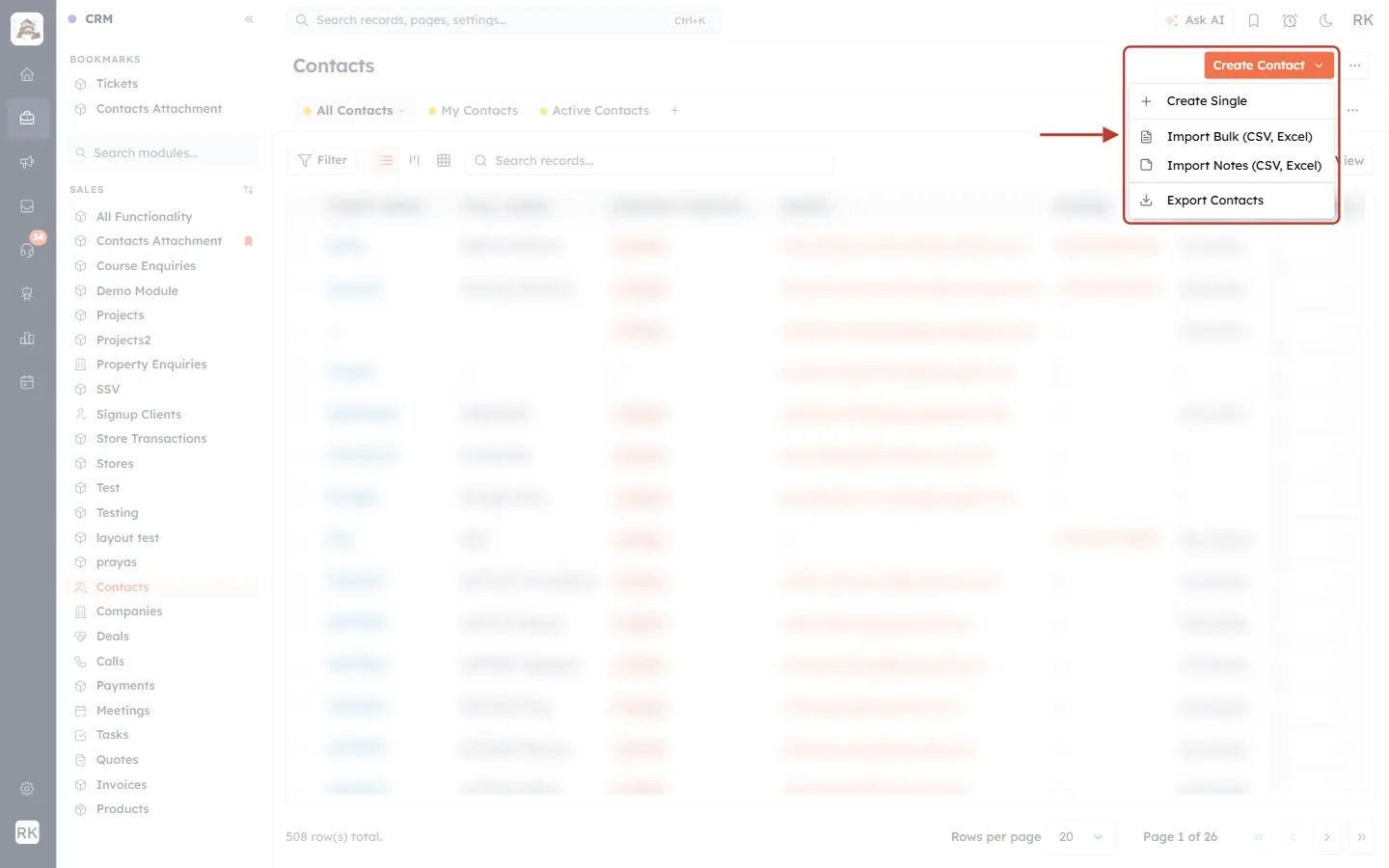 Create Contact menu with Import Bulk (CSV, Excel)