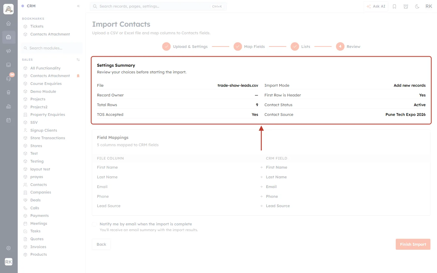 Review step Settings Summary