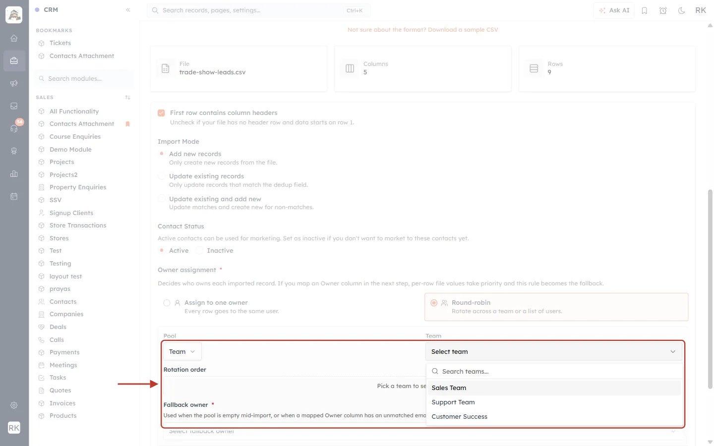 Team list showing Sales Team, Support Team and Customer Success