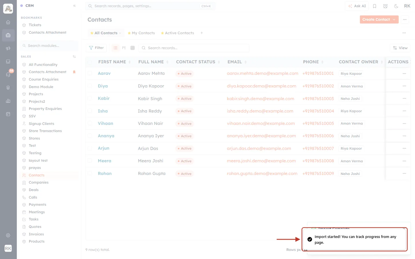 Import started message