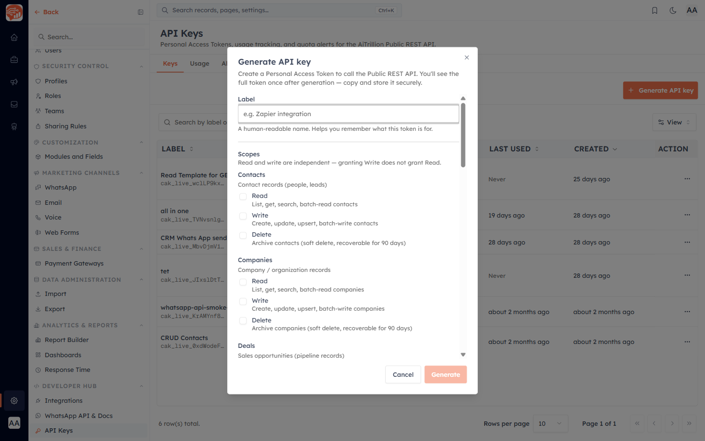 The Generate API key dialog with label, scopes, and expiry