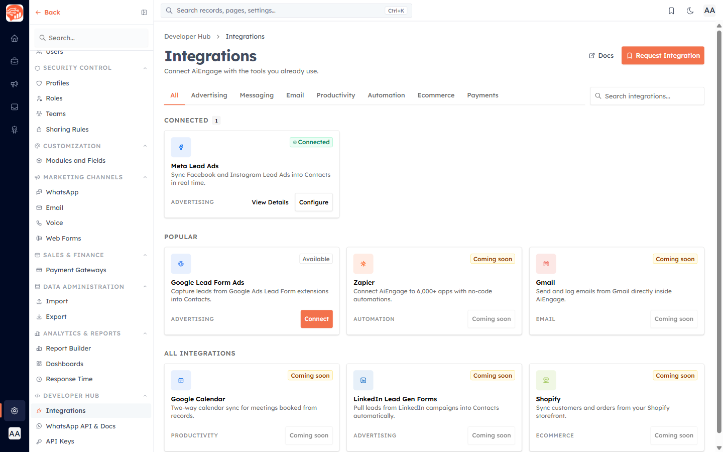 The Integrations catalog under Settings → Developer Hub