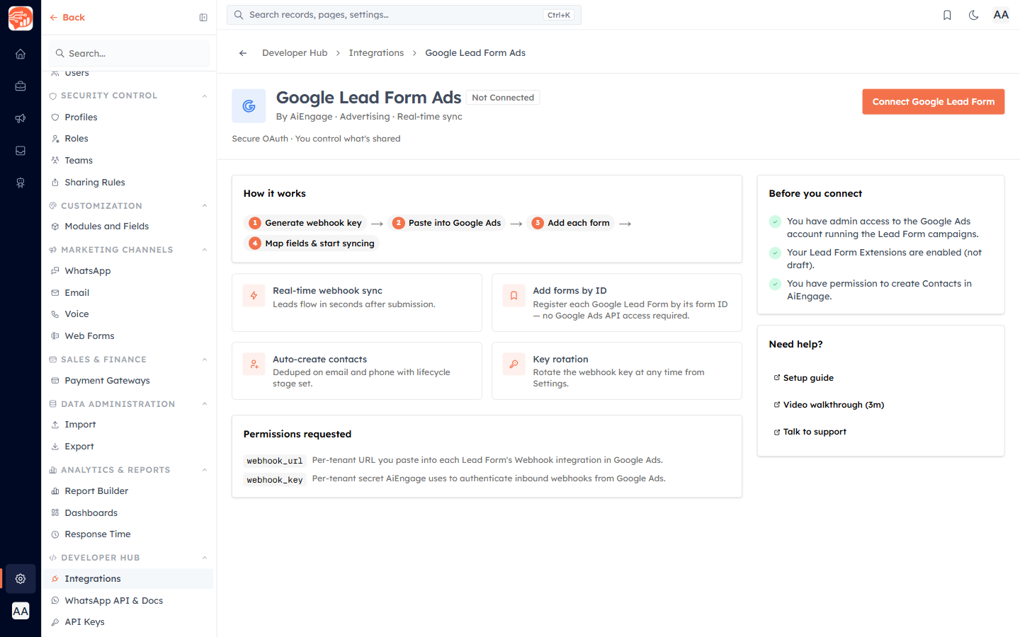 The Google Lead Form Ads setup screen with the four-step how-it-works