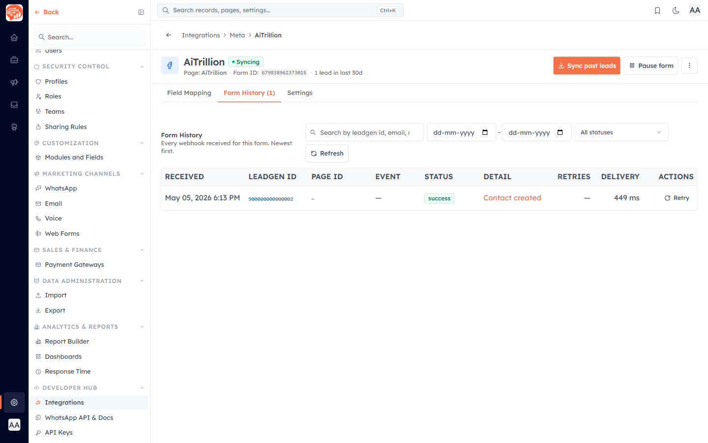 Form History listing every received lead event with its status