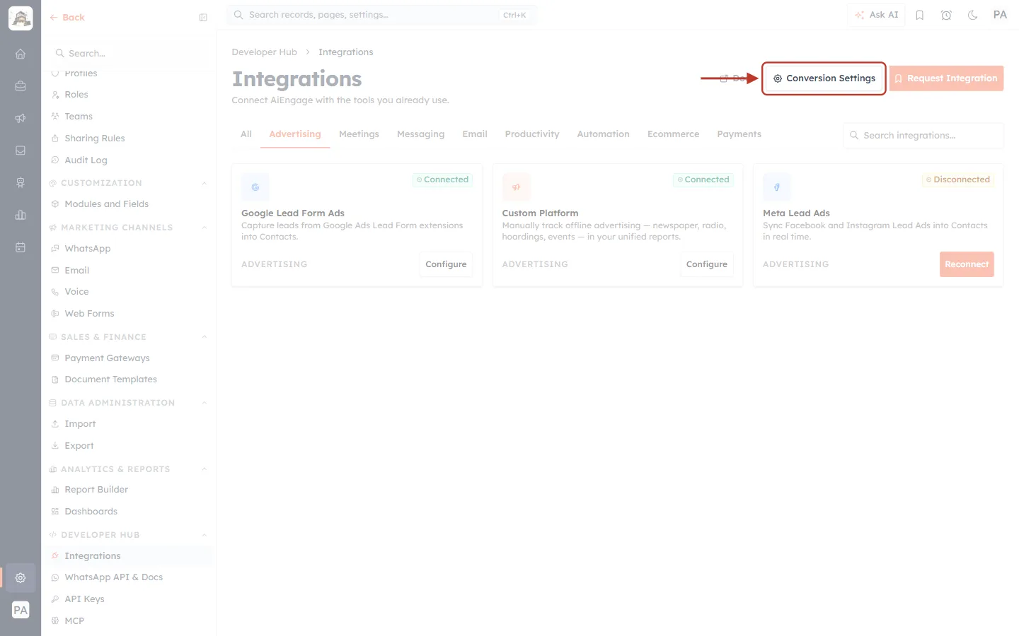 Conversion Settings on the Advertising tab