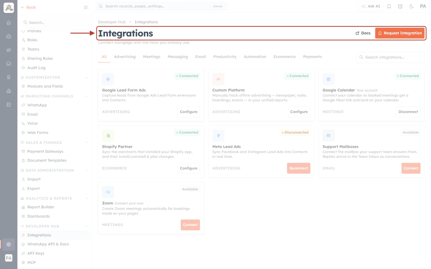 The Integrations page header