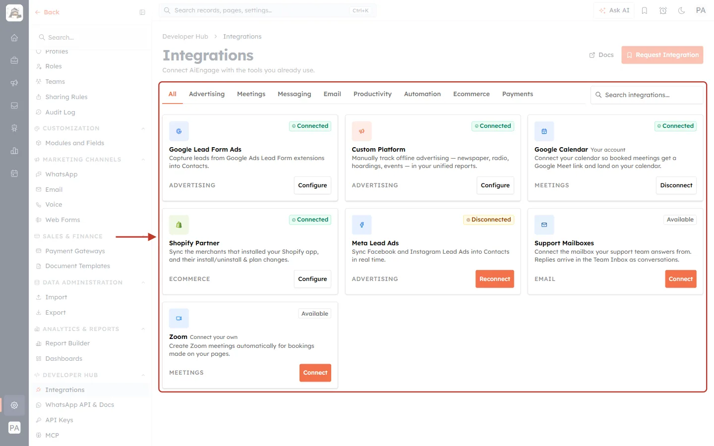 The Integrations page with all cards