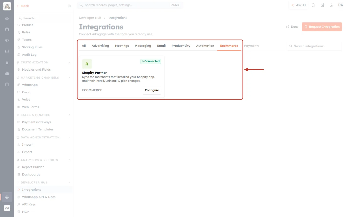 The Ecommerce tab
