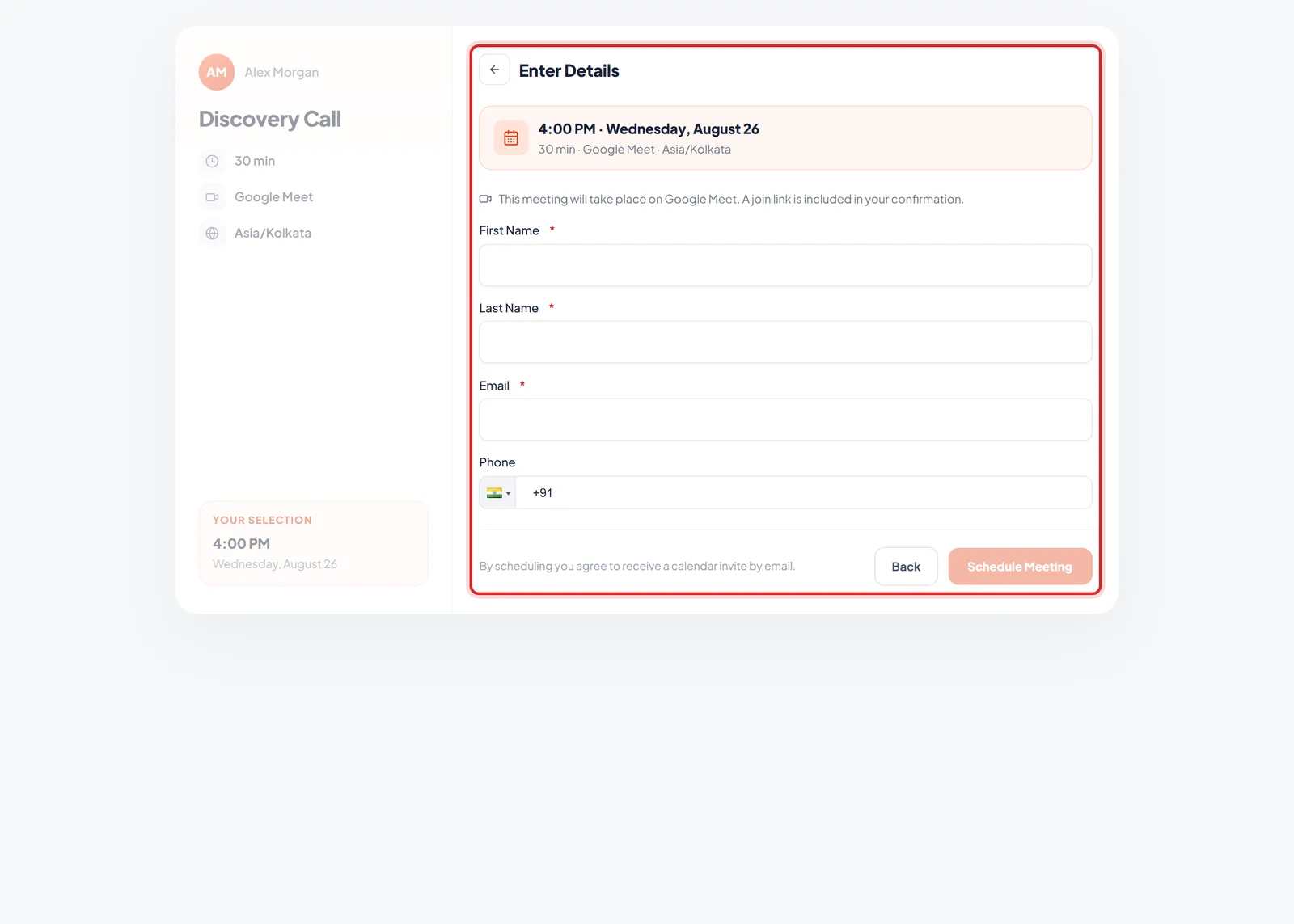 The public booking page at Enter Details, with the form highlighted