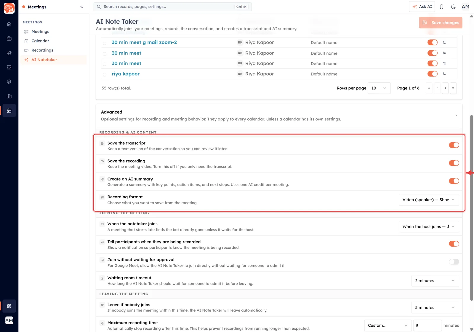 The Recording and AI content block outlined in red with an arrow pointing at it, showing Save the transcript, Save the recording, Create an AI summary and Recording format