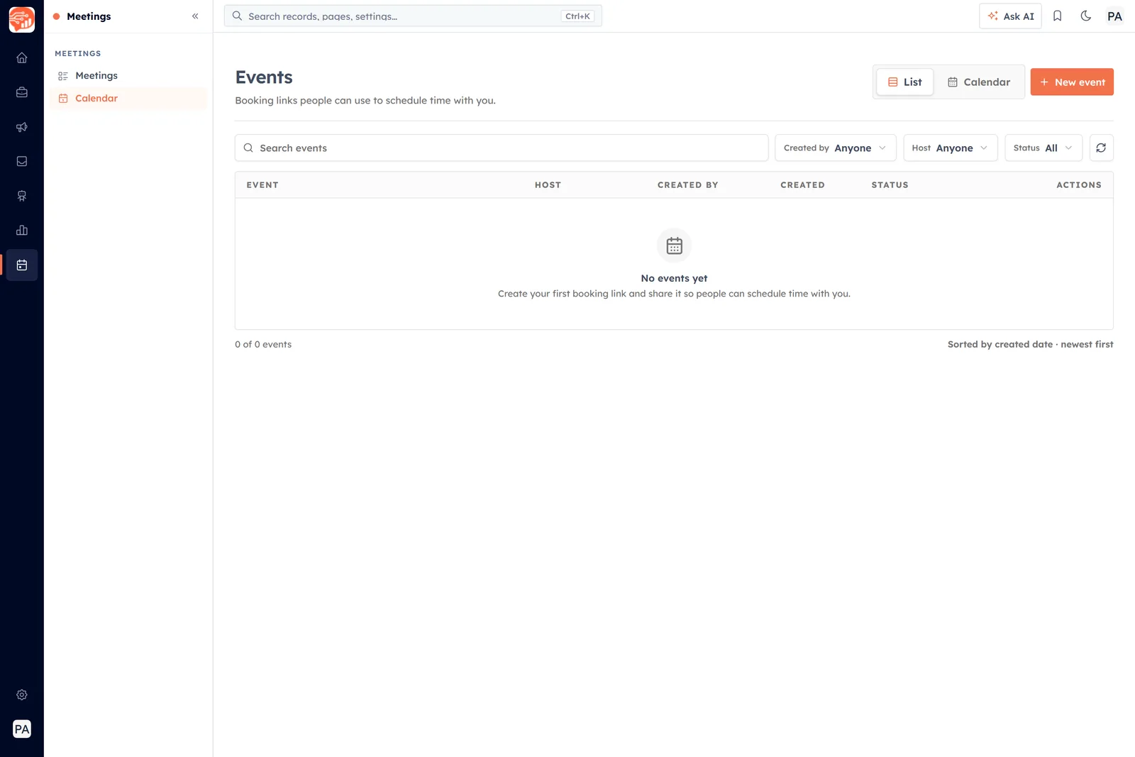 The Events screen in List view, with the view switch, New event button, filters and column headings