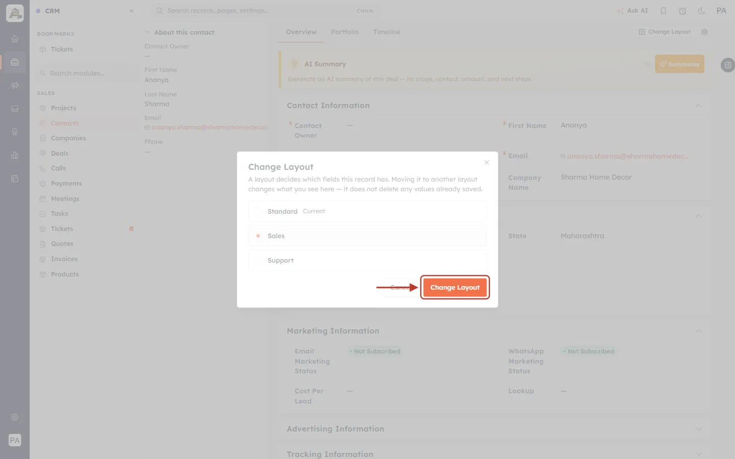 The Change Layout confirm button