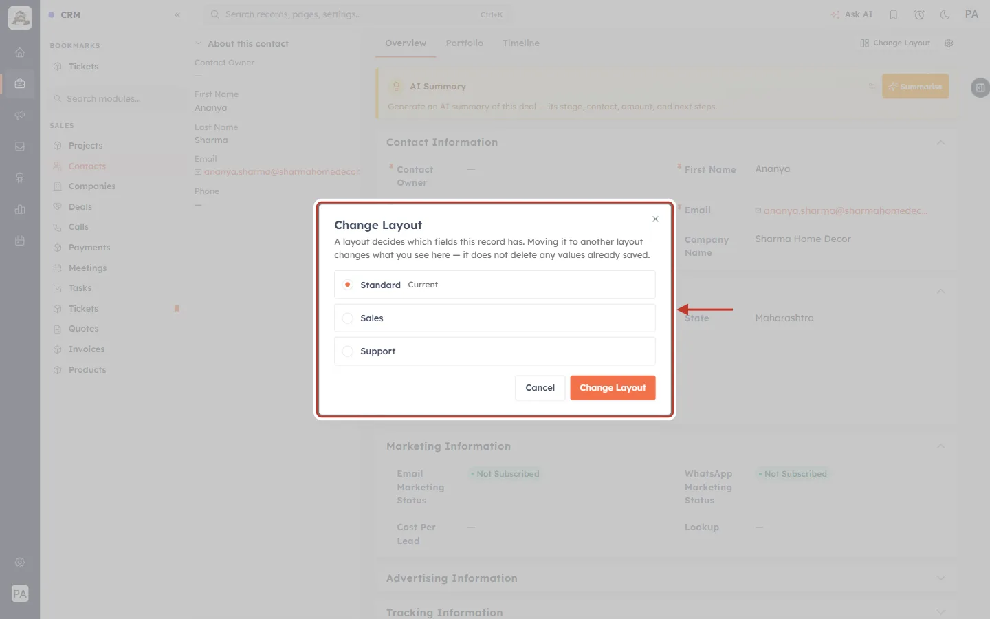 The Change Layout window