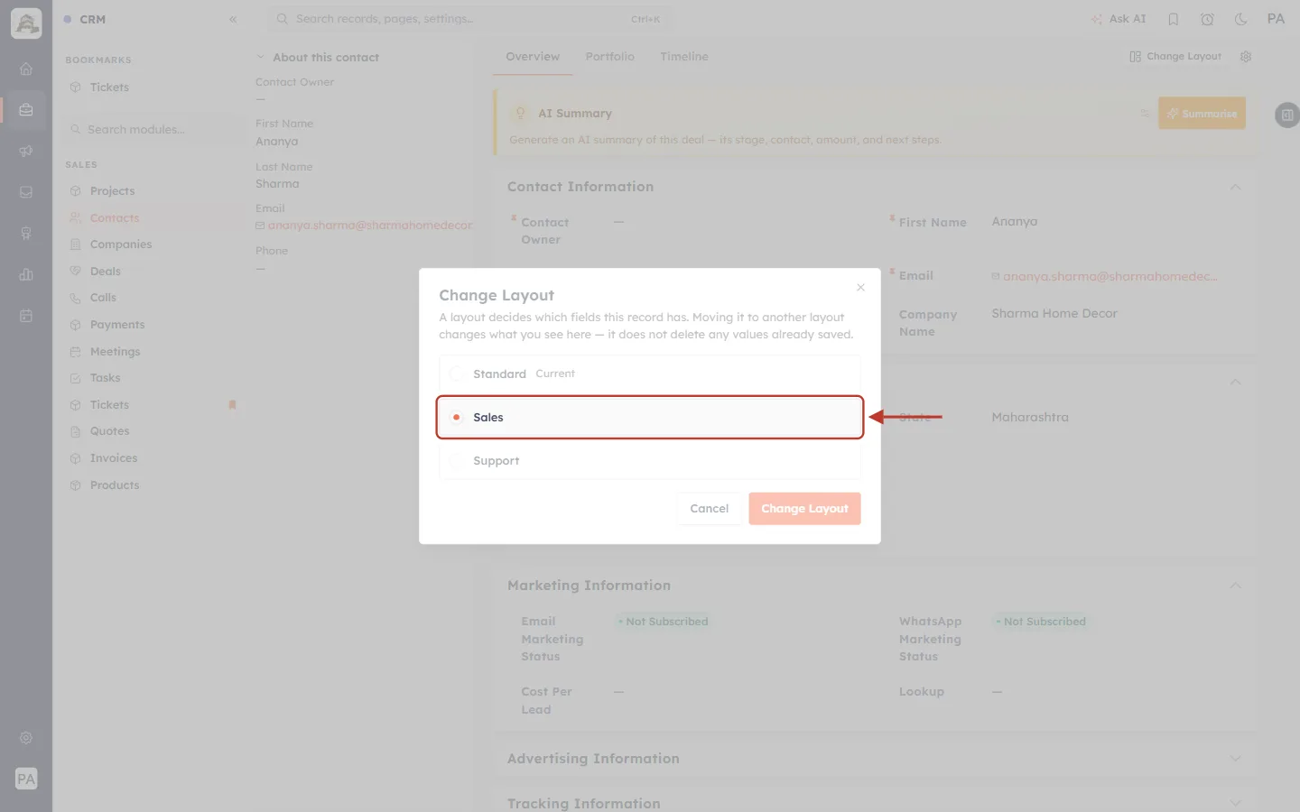 Sales selected in the Change Layout window