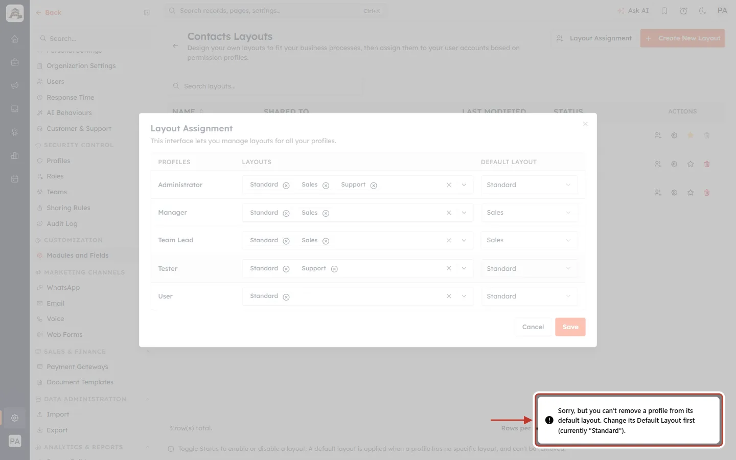 Can’t remove the profile’s default layout