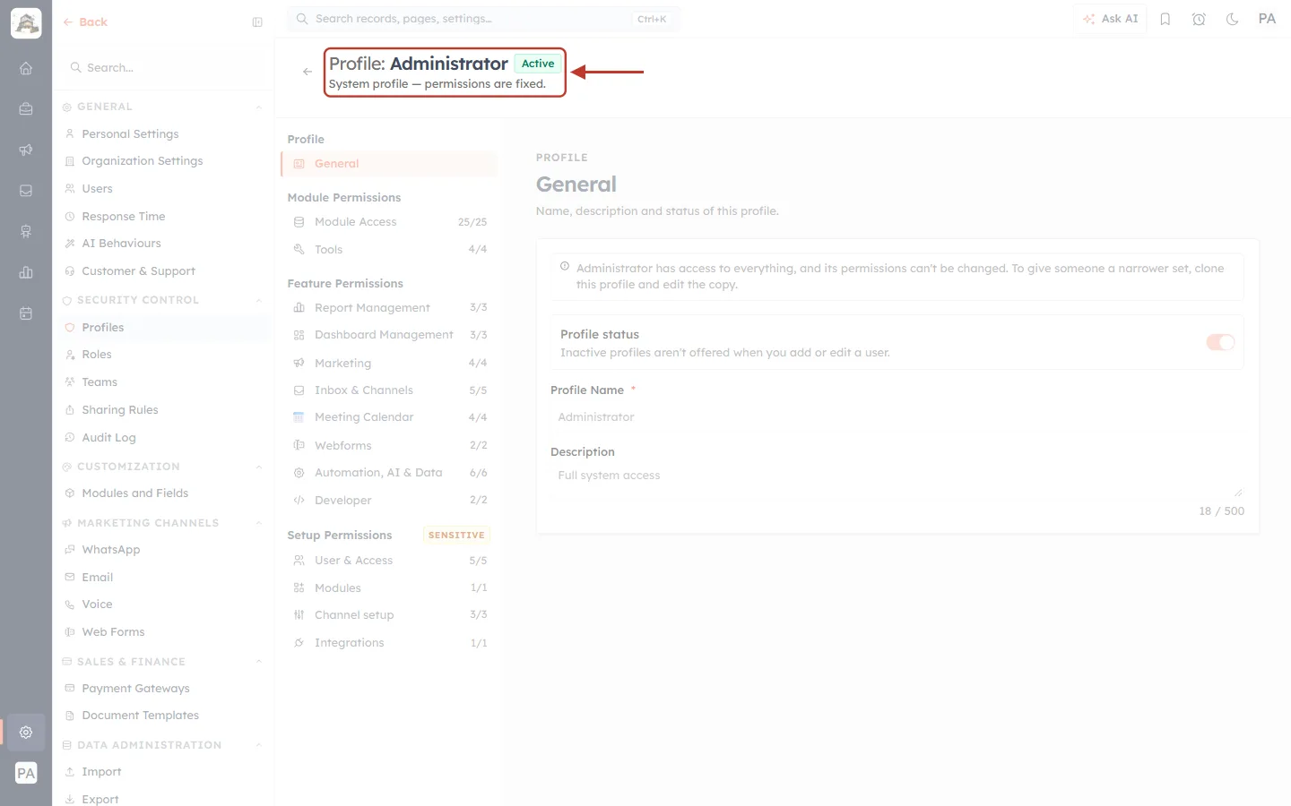 The Administrator profile opened with View